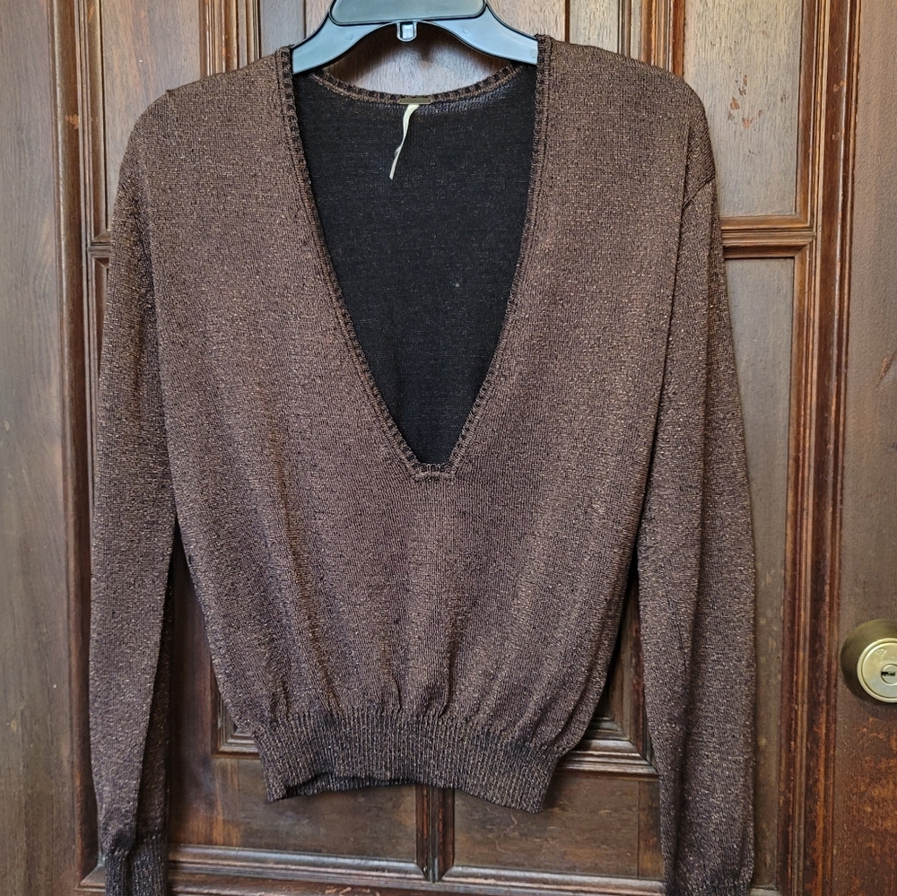 Free People Metallic Sweater Deep V-Neck Women’s S/P Copper  NWOT $98 Retail